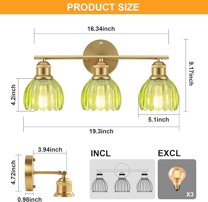 Bathroom Light Fixtures, 3-Light Brushed Gold Vanity Lights for Bathroom with Green Tulip Glass Shade, 20" Vintage Bathroom Vanity Lighting Fixtures Over Mirror for Bedroom Living Room Hallway