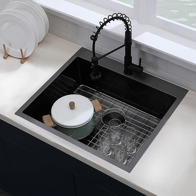 VCCUCINE 25 Inch Black Drop in Kitchen Sink,25x22 Inch Gunmetal Black Single Bowl Stainless Steel Basin Topmount Kitchen Sink,16 Gauge Metal Laundry Sink Black Small Kitchen Sink