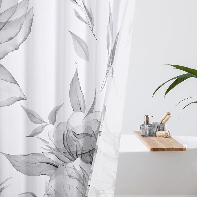 Grey Boho Floral Shower Curtain, Watercolor Botanical Design, 72 x 84 | Boho Floral Design, Watercolor Ink Painting Style, Botanical Flowers & Leaves, Elegant Bathroom Accent, Fabric Cloth Curtain