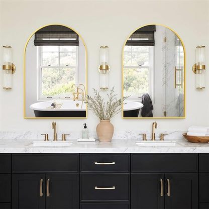 FGU Arched Bathroom Mirror for Over Sink 36"x24" Gold Vanity Mirror | Wall Mounted, HD Tempered Shatter-Proof Glass, Rust-proof Arched Metal Frame, Arch Mirror for Bedroom, Living Room, Entryway