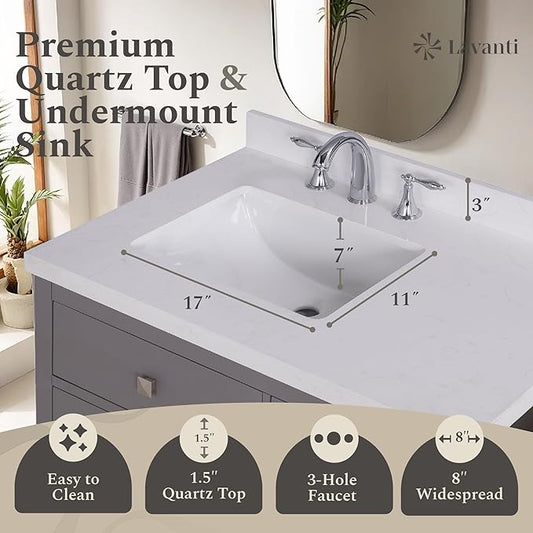 Lavanti Oakford 36 Inch Bathroom Vanity with Sink – Stylish Gray Vanity Bathroom with Storage Cabinet – Modern Bathroom Vanities with Single Vanity Sink & Quartz Countertop