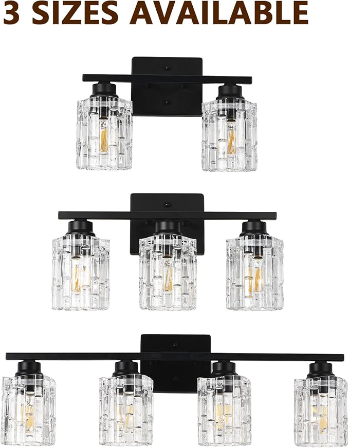Refice 4-Light Bathroom Vanity Lights Crystal Glass, Black | Bathroom Light Fixtures Vanity Lighting Over Mirror for Living Room Farmhouse, Hallway