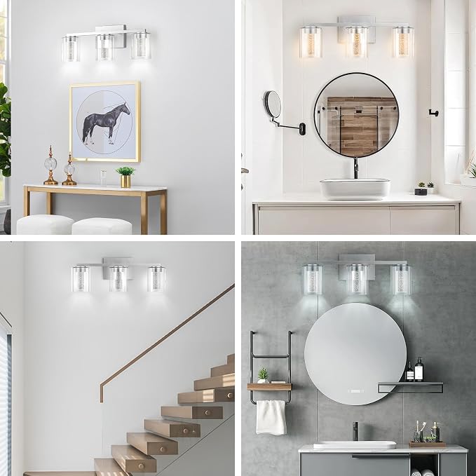 LED Modern Bathroom Light Fixtures Over Mirror, 3-Light Brushed Nickel Vanity Lights with 5 Color Modes, Dimmable Bathroom Vanity Light with Crystal Bubble Glass, 2700K-6500K Adjustable, ETL