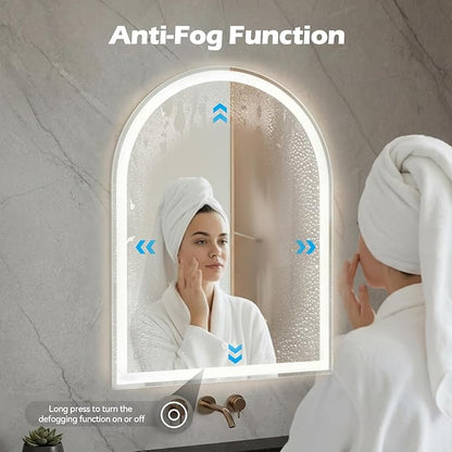 DUMOS 24"x36" LED Bathroom Mirror with Lights, Arched Vanity Mirror | Anti-Fog, Dimmable, 3-Color Light, Memory Function, Front Light and Backlit, Tempered Glass