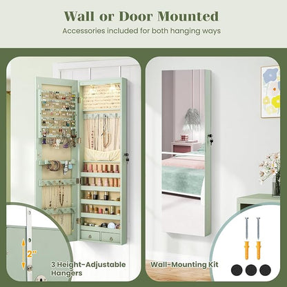 NAFORT 2 LEDs Mirror Jewelry Organizer, 47.5-Inch Borderless Full Length Mirror Jewelry Armoire, Lockable Wall Mounted Jewelry Cabinet, Jewelr Storage Box for Valentine’s Day Gift, Laurel Green