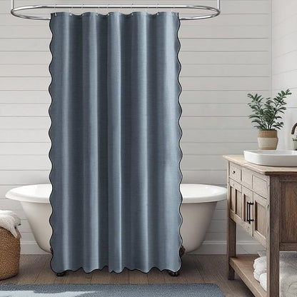 BTTN 54 Inch Stall Shower Curtain, Boho Scalloped Linen Textured Heavy Duty Fabric Shower Curtain Set with 10 Hooks, Narrow Farmhouse Rustic Waterproof Shower Curtains for Bathroom, 54x78, Blue Grey