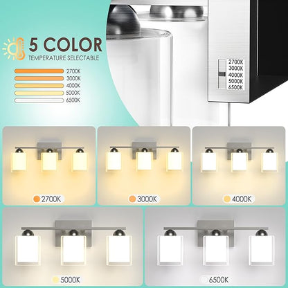 Quntis 3 Light Brushed Nickel Bathroom Light Fixtures, Modern Vanity Lights Over Mirror with 5 Colors & Stepless Dimmable, 16 Inch LED Bathroom Lighting with Milk White Frosted Glass (Bulbs Included)