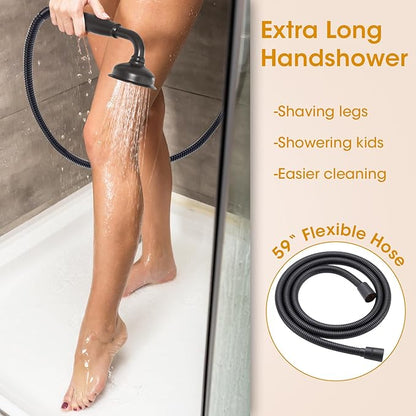 Antique Rain Shower Head with Handheld Spray, Matte Black Rain Shower System with Rough-in Balance Pressure Valve, 9 inch Bathroom Luxury Rain Fall Shower Head Wall Mount Round, (B2312-BK)