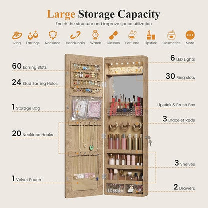 LVSOMT Over the Door Jewelry Organizer with Mirror Door Mirror with Storage | Jewelry Mirror Cabinet with Large Capacity, 6 LED Lights,Velvet Lining, Space-Saving for Bedroom, Cloakroom, Gift Women Girls