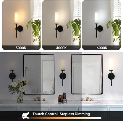 Shenmoyl Battery Operated Wall Sconces Set of 2, Black Rechargeable Wall Lighting Fixtures, Dimmable Wall Lights with Remote & Opal Glass Shade for Living Room, Bathroom,Bedroom