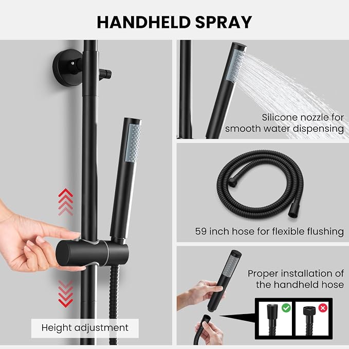 gotonovo Outdoor Shower Kit 304 Stainless Steel, Matte Black, 8 Inch | Rain Outdoor Shower Head and Handle Set Fixture System Faucet, Exposed Wall Mounted, for Outside Yard Pool Seaside/Indoor
