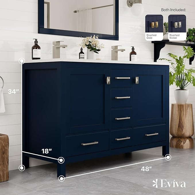Eviva London 48 Inch Double Sink Vanity - Blue Double Vanity Sinks for Bathrooms - 48 Bathroom Vanity with Top and Sink - Freestanding 48 Vanity with Sink and Countertop Quartz - Porcelain Sink Combo