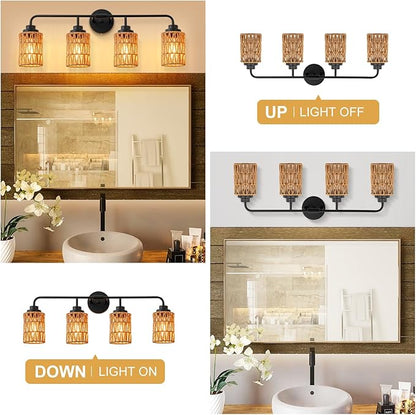 Bathroom Vanity Light, 4-Lights Boho Bathroom Light Fixtures Over Mirror with Rustic Handwoven Shades 30 inch Farmhouse Wall Sconce Lighting