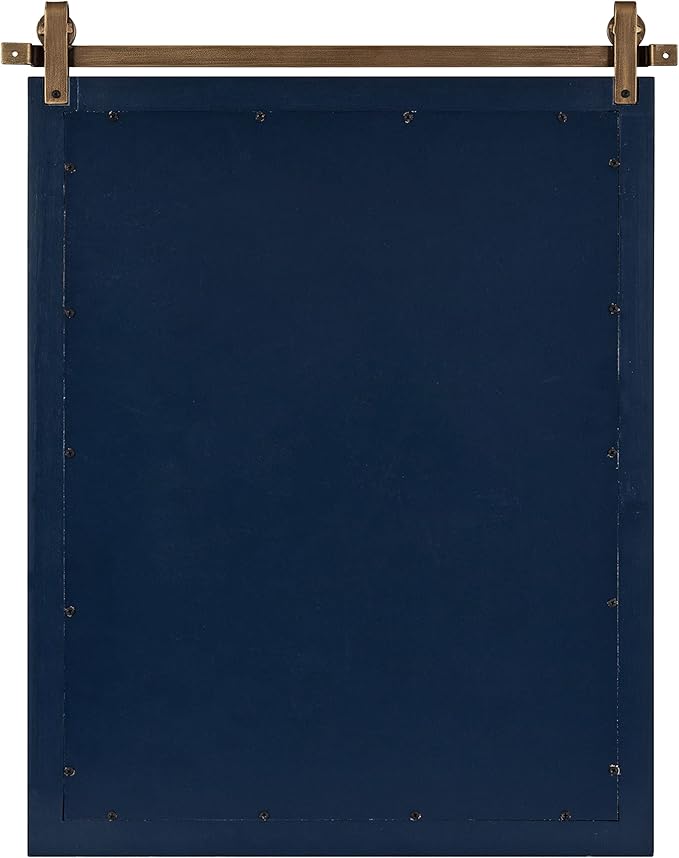 Kate and Laurel Skylan Modern Farmhouse Decorative Wood Framed Wall Mirror; 22 x 28; Navy and Antique Gold; Barn Door-Inspired Wall Hanging Mirror for Bathroom or Living Room Uses