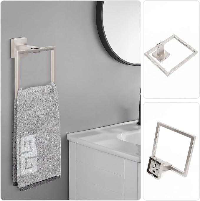 NearMoon 5 Pieces Bathroom Hardware Set 304 Stainless Steel, Square Towel Rack Kit - 24" Towel Rod + Towel Ring + Toilet Paper Holder + 2 Robe Hooks, Wall Mounted Bath Accessories (Brushed Nickel)