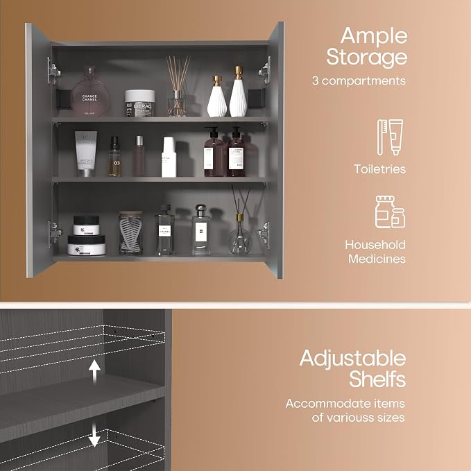 Reflexon 24x24 inch Bathroom Wall Cabinet, Storage Cabinet, Medicine Cabinet with 2 Door and Adjustable Shelves, Grey (Assembly Required)