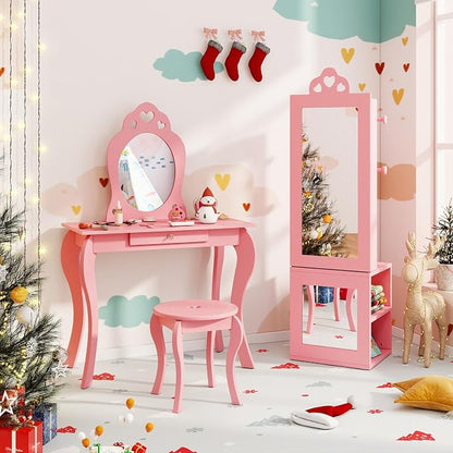 HONEY JOY Kids Jewelry Armoire Cabinet, Wooden Standing Jewelry Organizer w/Full-length Mirror and Garment Rack, 2 Tier Storage Shelves, Children Dress Up Jewelry Cabinet for Little Girls (Pink)
