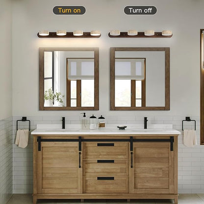 Wood Farmhouse Bathroom Vanity Light,Natural Stone Travertines Walnut Wall Lamp 4 Lights Travertine Shade Wabi Sabi Lamp, Linear Bathroom Vanity Lighting Rotatable 40W LED Wall Fixture Over Mirror