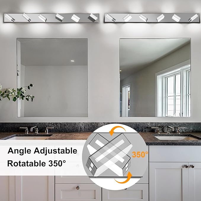 LED Modern Bathroom Light Fixtures, 6-Light 48-Inch Chrome Vanity Lights for Bathroom Lighting Fixtures Over Mirror, 350° Rotatable Acrylic, 6000K Cool White Wall Lamp