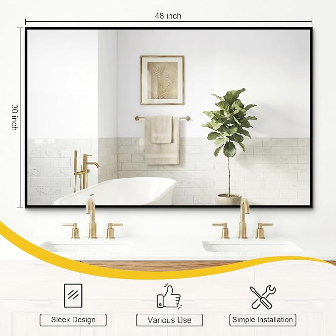 Bathroom Mirror for Wall, 48"x30" Black Vanity Mirror | Sturdy Rectangular Metal Frame, HD Tempered Glass, Hangs Horizontally or Vertically in Bedroom, Living Room, Entryway