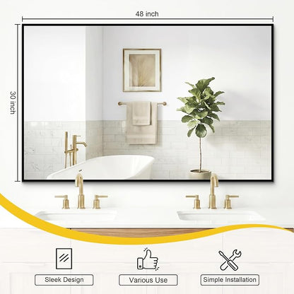 Bathroom Mirror for Wall, 48"x30" Black Vanity Mirror | Sturdy Rectangular Metal Frame, HD Tempered Glass, Hangs Horizontally or Vertically in Bedroom, Living Room, Entryway