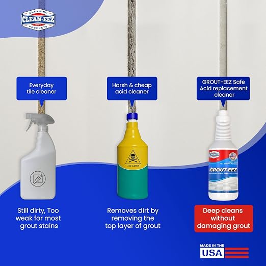 Clean-eez Grout-eez Tile Cleaner with Stand-Up Brush Head – Heavy-Duty Stain Remover for Ceramic and Porcelain Floors – Safe for Colored Grout – Not for Natural Stone – Pole Not Included - 32 oz