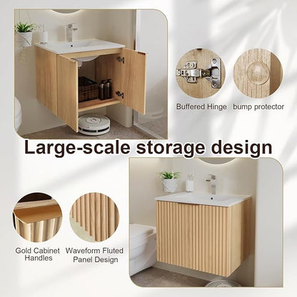 Modern Bathroom Vanity with Sink, Floating Wall Mount Cabinet with Wavy Textured Doors, Waterproof Storage for Small Bathroom, Soft-Close Design, Nature Wood (24")