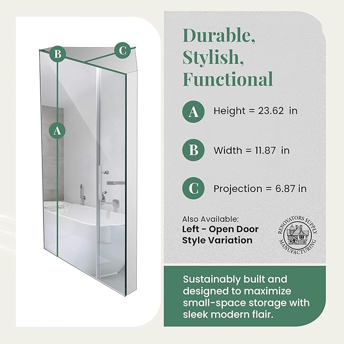 Renovators Supply Infinity Corner Medicine Cabinet with Mirror - Triple Shelf Storage Cabinet - Modern Wall Mount Medicine Cabinet - 23.6 in., Right Open, Polished Stainless Steel, Pack of 1