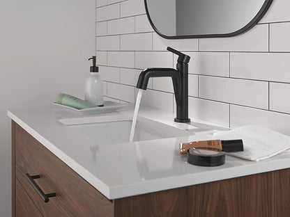 Delta Nicoli 1 Hole Matte Black Bathroom Faucet with Sprayer, Single Hole Bathroom Sink Faucet with Pull Out Sprayer for Vanity, Push-Pop Drain, Matte Black 15849LF-BLPD