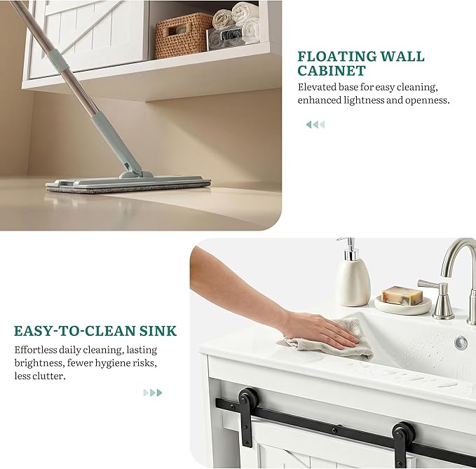 DWVO 24" LED Bathroom Vanity with Sink, Farmhouse Sliding Barn Door Bathroom Cabinet, Bathroom Vanities, Wall Mounted Floating Cabinet for Small Spaces