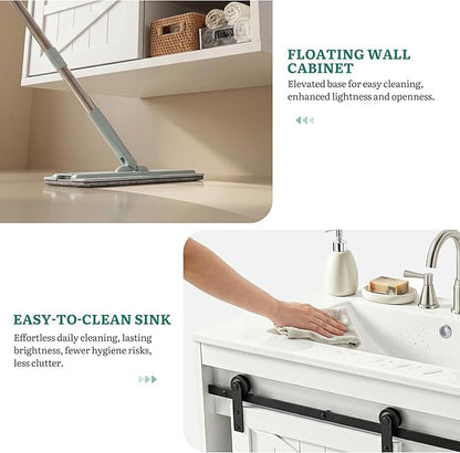 DWVO 24" LED Bathroom Vanity with Sink, Farmhouse Sliding Barn Door Bathroom Cabinet, Bathroom Vanities, Wall Mounted Floating Cabinet for Small Spaces