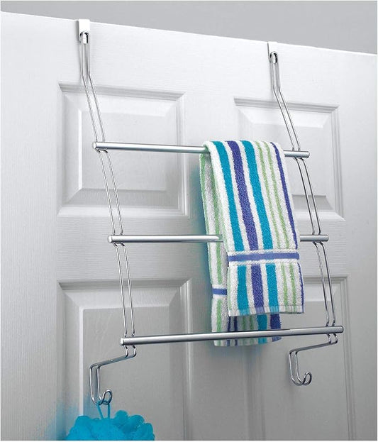 iDesign Classico Steel Over-The-Door Towel Rack with Storage Hooks - 16.75" x 4.25" x 24", Chrome