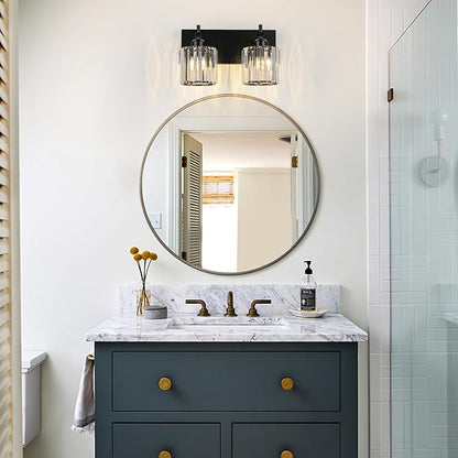 Black Crystal Bathroom Vanity Lights, Modern 2-Lights Bathroom Lighting Fixtures Over Mirror, Crystal Wall Lighting with Round Shade