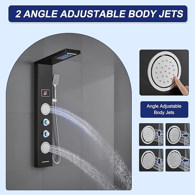 ROVATE LED Shower Panel Tower System - Rainfall Waterfall Shower, Round Body Jets, Handheld and Tub Spout, Digital Temp-Display, LED Knob, No Battery Needed 5-in-1 Stainless Steel Shower Column Black
