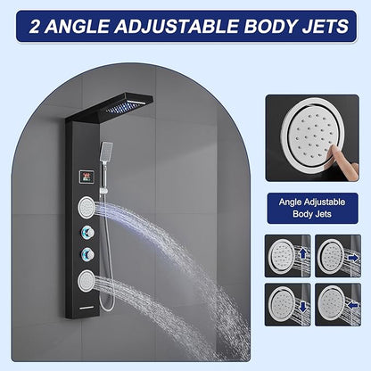 ROVATE LED Shower Panel Tower System - Rainfall Waterfall Shower, Round Body Jets, Handheld and Tub Spout, Digital Temp-Display, LED Knob, No Battery Needed 5-in-1 Stainless Steel Shower Column Black