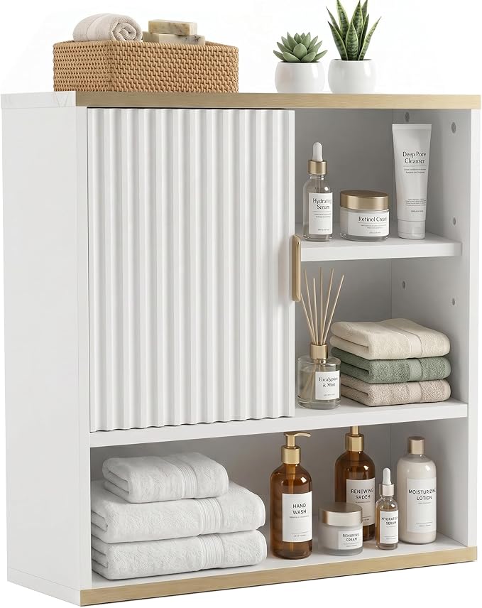 Bathroom Wall Cabinet Fluted,Medicine Cabinet Over Toilet Storage Cabinet | Fernitry Farmhouse Wall Mounted Storage Cabinet Organizerwith Adjustable Shelf, Wood White Gold 23.33''Wide