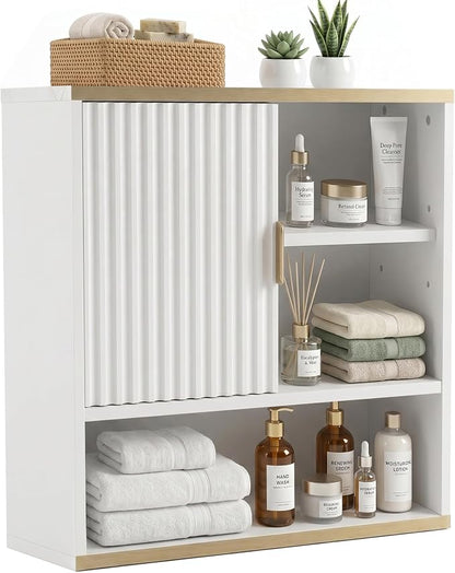 Bathroom Wall Cabinet Fluted,Medicine Cabinet Over Toilet Storage Cabinet | Fernitry Farmhouse Wall Mounted Storage Cabinet Organizerwith Adjustable Shelf, Wood White Gold 23.33''Wide