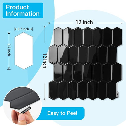 Art3d Hexagon Tile Peel and Stick Backsplash, 10-Pack, 12 x 12 Inch, Black | Superior Thickness, Reliable Adhesion, Warp Resistant, Minimalist Style, Easy to Install, for Kitchen Countertops, Bedroom