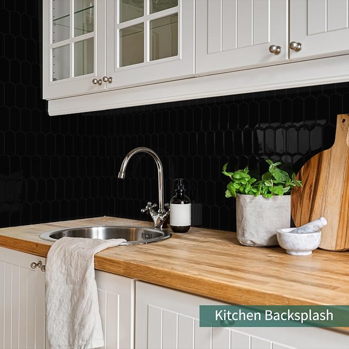 10-Sheet Upgraded Thicker Peel and Stick Kitchen Backsplash Tiles | Waterproof Self-Adhesive Vinyl Wall Tile Stick on Backsplash for Kitchen,Bathroom,Fireplace and RV(Black,12"×12")