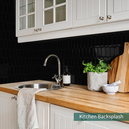 10-Sheet Upgraded Thicker Peel and Stick Kitchen Backsplash Tiles | Waterproof Self-Adhesive Vinyl Wall Tile Stick on Backsplash for Kitchen,Bathroom,Fireplace and RV(Black,12"×12")