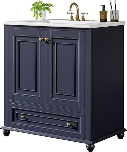 Tribesigns 30" Bathroom Vanity with Ceramic Sink Combo, Freestanding Bathroom Storage Vanity Cabinet with 2 Doors & 1 Drawer, Solid Wooden Frame & Coated Surface, Metal Handle, Navy Blue