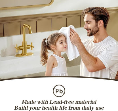 Brushed Gold 2-Handle 4 Inch Centerset Single Hole Bathroom Faucet with Drain,Deck Plate and Supply Hoses, Fit for 1 or 3 Hole, SGF002-10-BG
