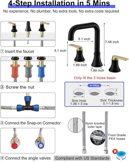 8 Inch Black and Gold Bathroom Faucet Widespread, 360 Degree Swivel Faucet for Bathroom Sink 3 Hole with 2 Handles, Pop-Up Drain & Water Hoses Saving Water