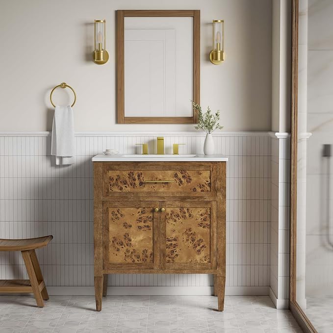 Modway Elysian 30" Burl Wood Bathroom Vanity in White Brown with Ceramic Sink Basin