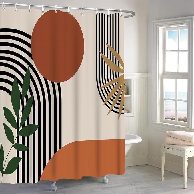 Boho Shower Curtain, Abstract Mid Century Modern Sun Tropical Leaf Machine Washable Waterproof for Bathroom Bathtub with Hooks 72x72