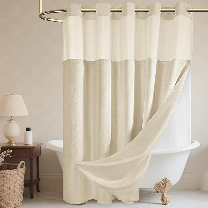 WONICY No Hook Linen Look Shower Curtain with Snap-in Liner, Cream, 71 x 77 | Ringless, Waterproof & Washable, Hotel Style, Mesh Top Window, Bottom Magnets, Thick, Farmhouse, for Bathroom