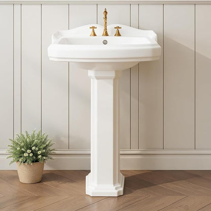 23" W X 19" D Bathroom Pedestal Sink,Vintage White Ceramic Vanity Sink with Overflow and 3 Pre-Drilled Holes - Fits 8-Inch Faucets,Freestanding Restroom Sink Combo for Small Spaces