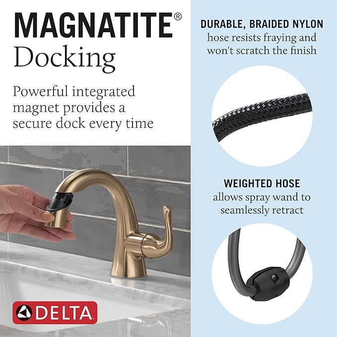 Delta Arvo 1 Hole Brushed Gold Bathroom Faucet with Sprayer, Single Hole Bathroom Sink Faucet with Pull Out Sprayer for Vanity, Push-Pop Drain, Champagne Bronze 15840LF-CZPD