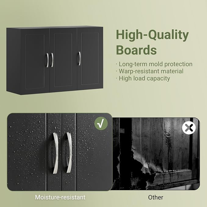 SoBuy Bathroom Wall Cabinet, Large 3-Door, 23.6 x 11.8 x 35.4 in, Black | 3-Door Wall Mount Storage Cabinet With Adjustable Shelf, Large Hidden Bathroom Cabinet For Multi-Room Use, FRG231-L-SCH