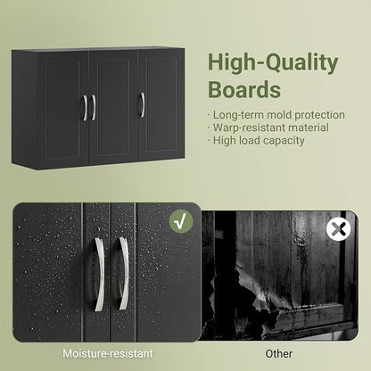 SoBuy Bathroom Wall Cabinet, Large 3-Door, 23.6 x 11.8 x 35.4 in, Black | 3-Door Wall Mount Storage Cabinet With Adjustable Shelf, Large Hidden Bathroom Cabinet For Multi-Room Use, FRG231-L-SCH